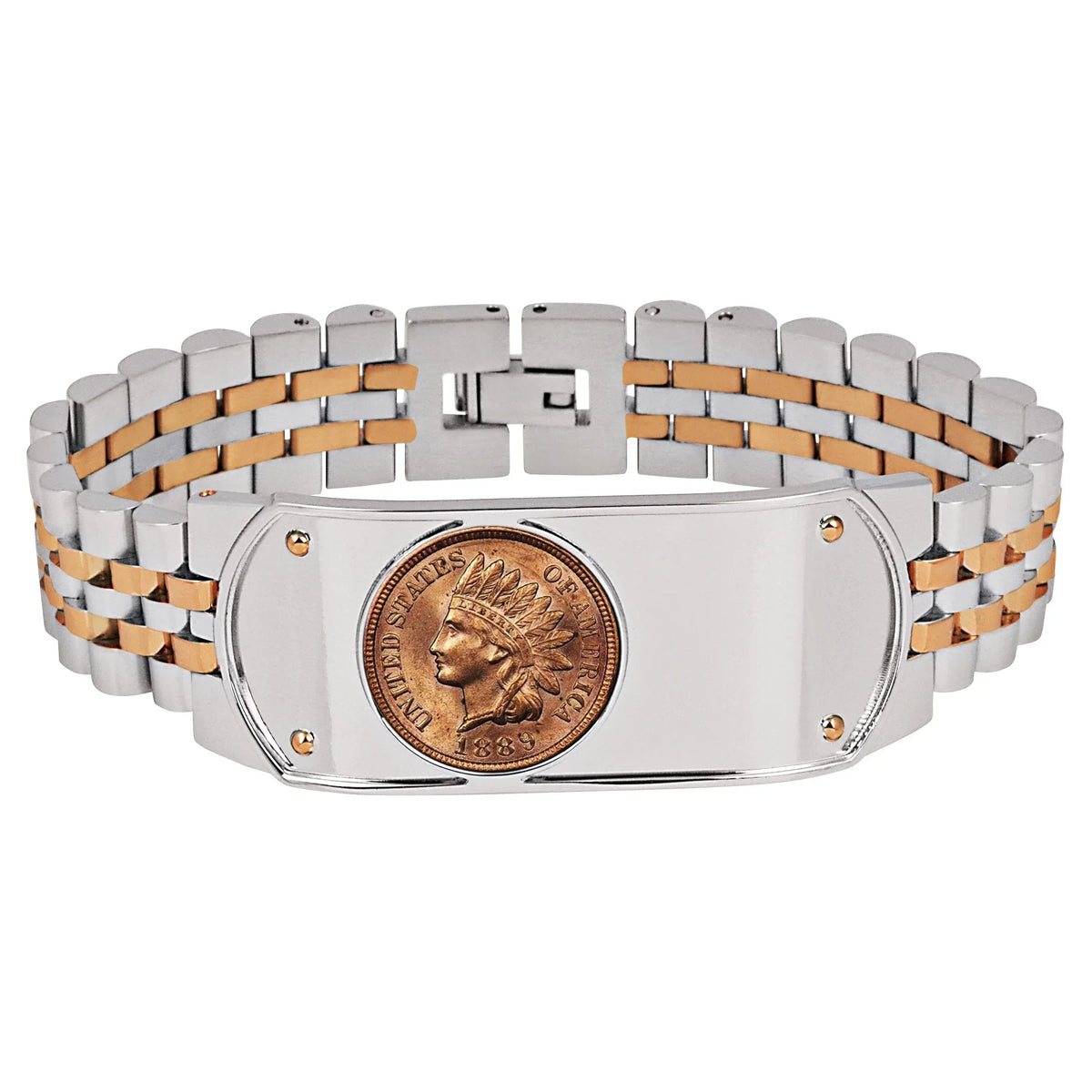 Men's Link Bracelet Two-Tone Stainless Steel with 1800's Indian Head Penny Coin