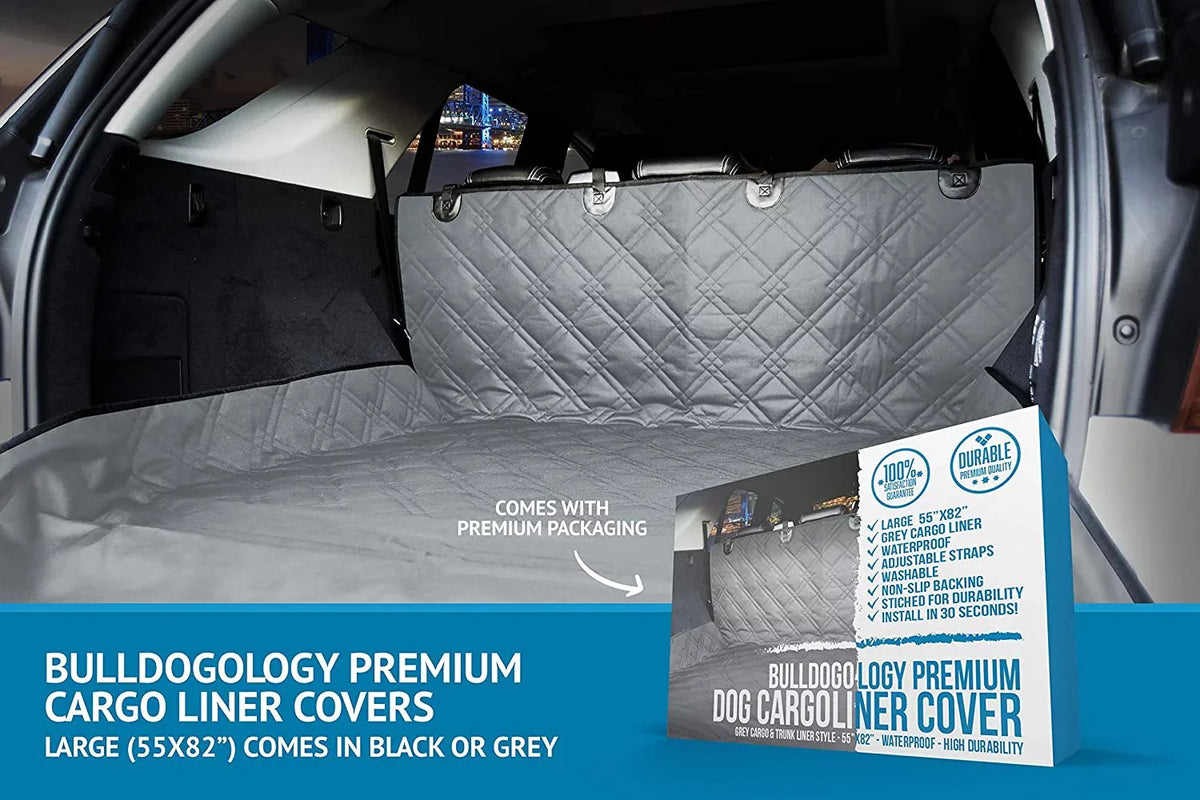 Bulldogology SUV Cargo Liner for Dogs - Heavy Duty Pet Trunk Cargo wrap - Dog Car Seat wrap Waterproof Nonslip - Dog Hair, Muddy Paws, Scratches wrap Protector for Cars Vans SUVs (X-Large, Grey)