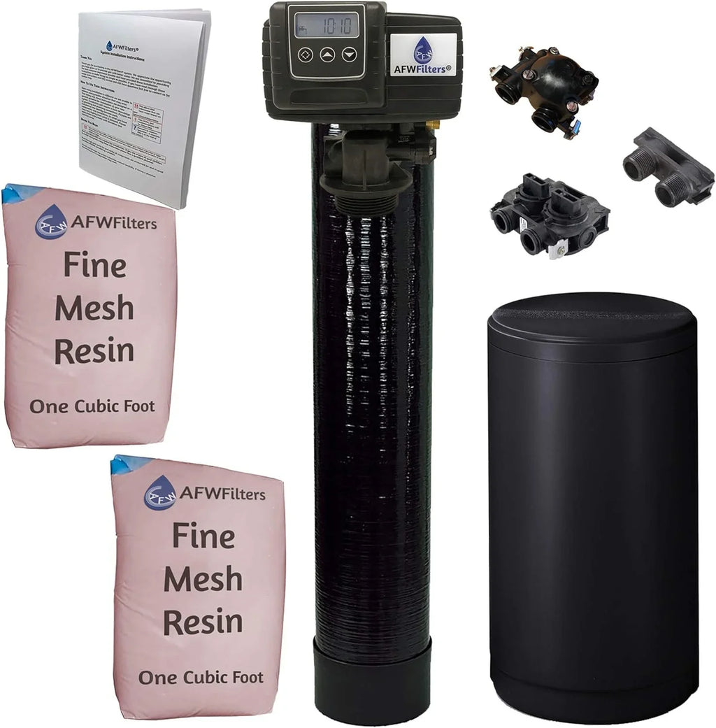 AFWFilters 2 cubic Foot 64k Whole Home Iron Pro moisture Softener with Fine Mesh Resin,1" Plastic MNPT Connection, and Black Tanks