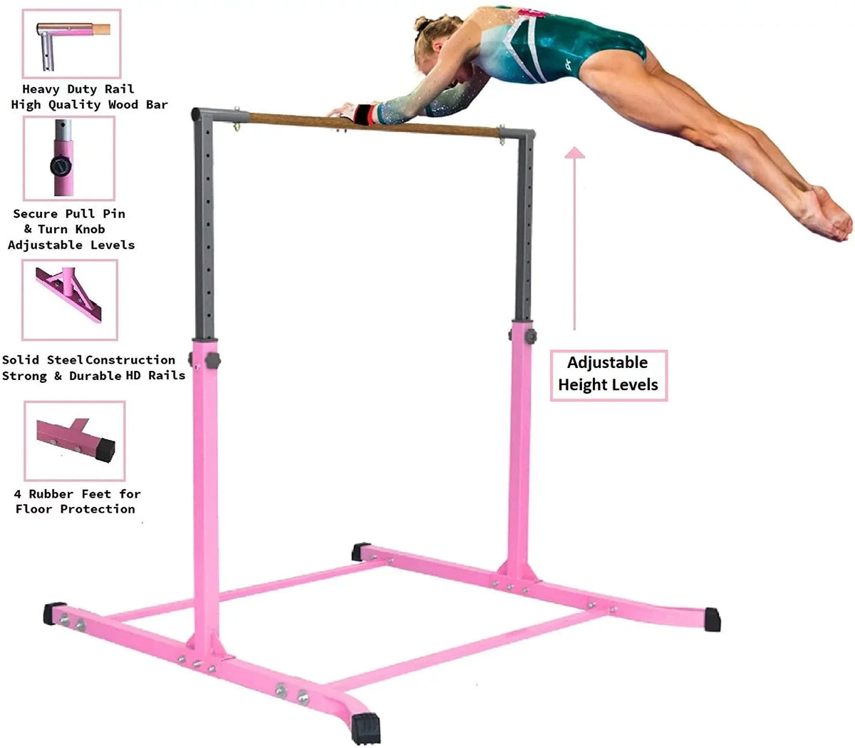 Pro-Gymnastics Expandable Gymnastics Kip Bar Horizontal Bar Junior Gymnastic Training High Bar Asymmetric Bar 13 Level Height Adjustable 3 to 5 FT Cushioned Bar & Curved Legs (Pink)