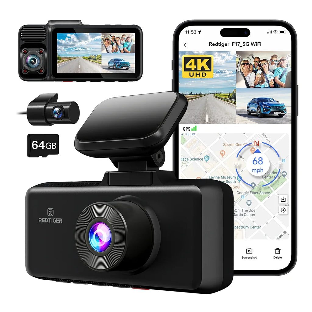REDTIGER Dash Cam 3 Channel, DashCam Front and Rear with 5G WiFi GPS, Dash Camera Three Way with 3 inch IPS Screen Free 64GB Card, Triple Car Camera with IR Night Vision, Vehicle