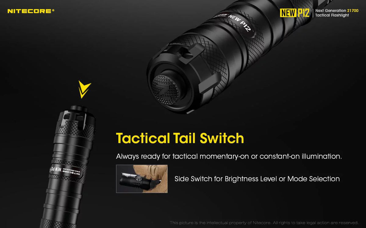 Combo: Nitecore New P12 Version Tactical LED Flashlight - CREE XP-L HD V6 - 1200 Lumens w/RSW3 Pressure Switch
