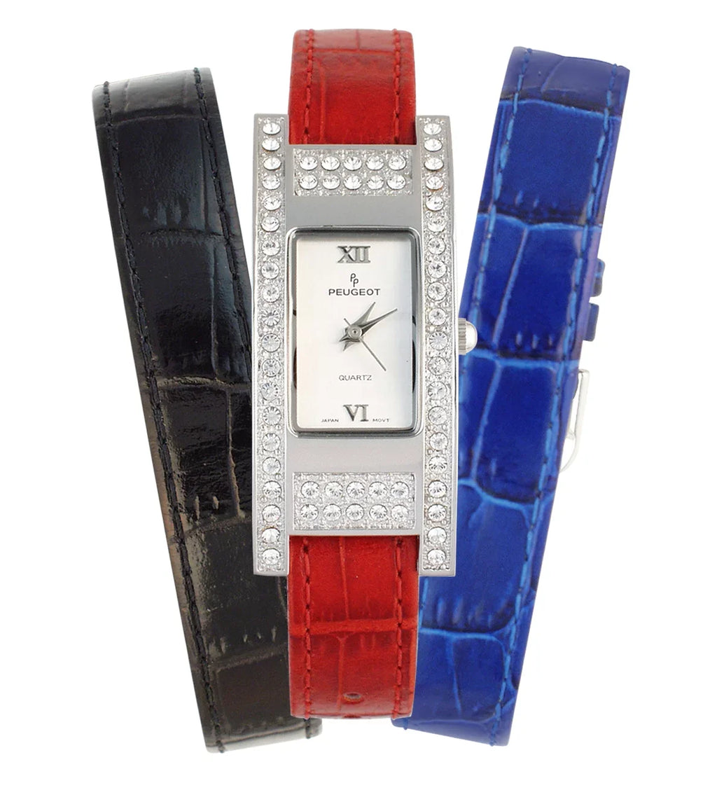 Peugeot Women's Silver Tone Tank Shape Watch, Elongated with Crystal Bezel and 3 Interchangeable Leather Wrist Straps