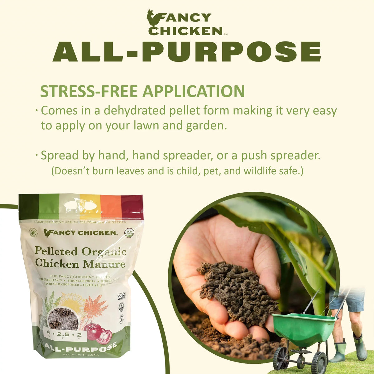 Fancy Chicken 4-2.5-2 All-Purpose Pelleted Organic Chicken Manure Plant Food for Lawn and Garden, USDA Organic, 15 LB