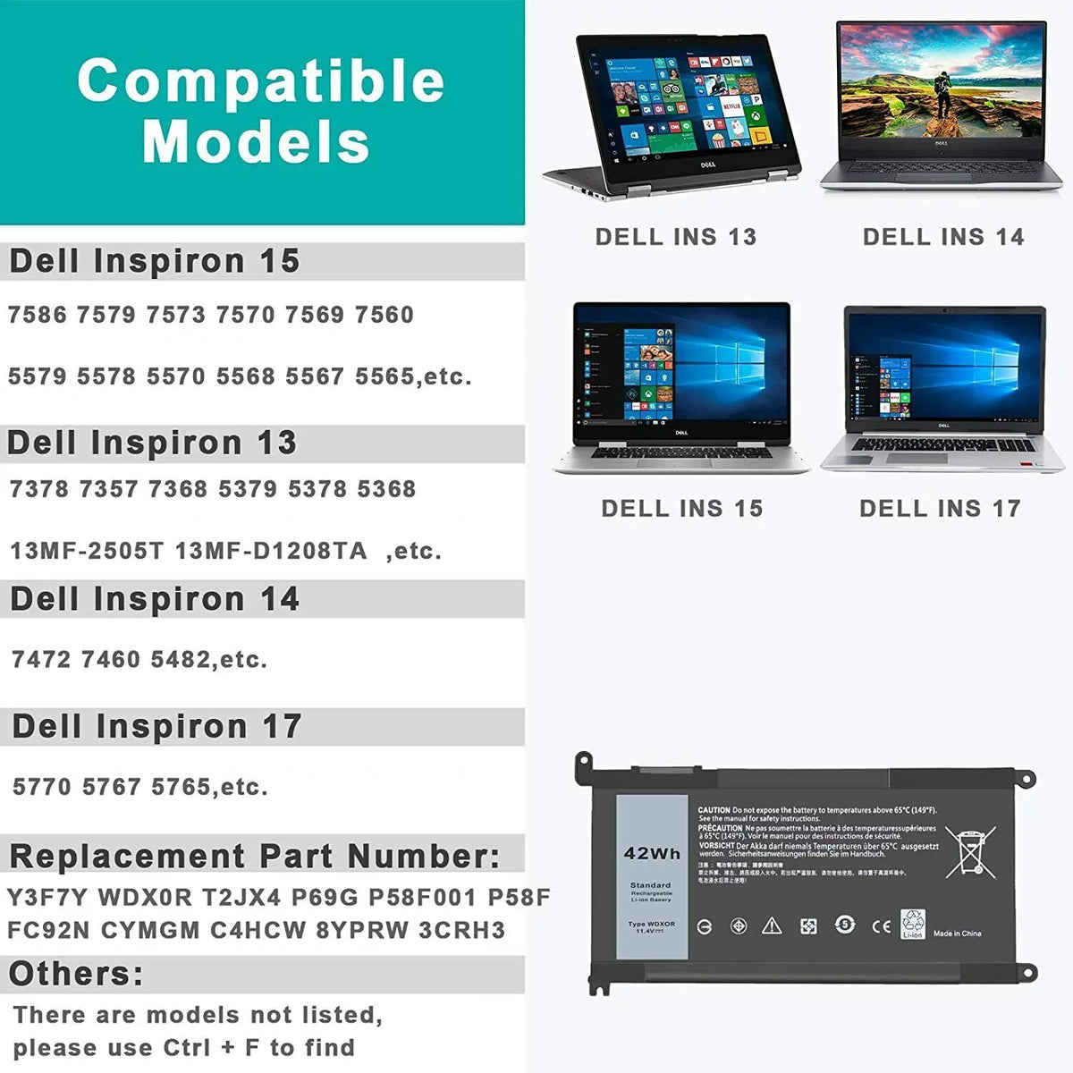 10x Battery WDX0R For  Inspiron 15 5567 5568 13 5368 7368 7569 7579 FC92N