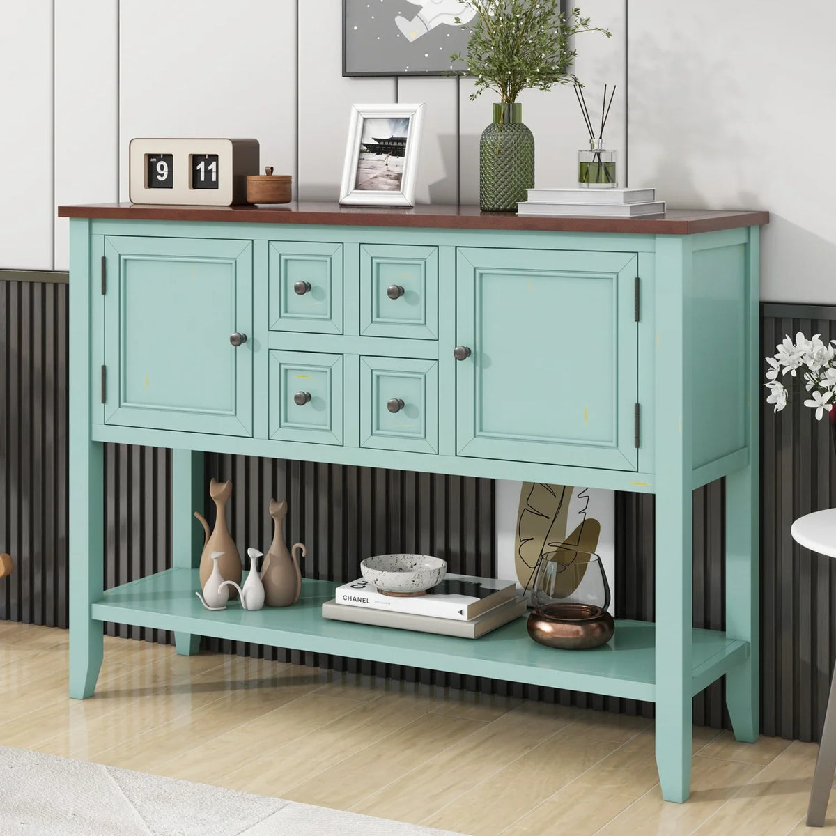 TREXM Cambridge Series Ample Storage Vintage Console Table with Four Small Drawers and Bottom Shelf for Living Rooms  Entrances and Kitchens (Lime White  OLD SKU  WF190263AAK)