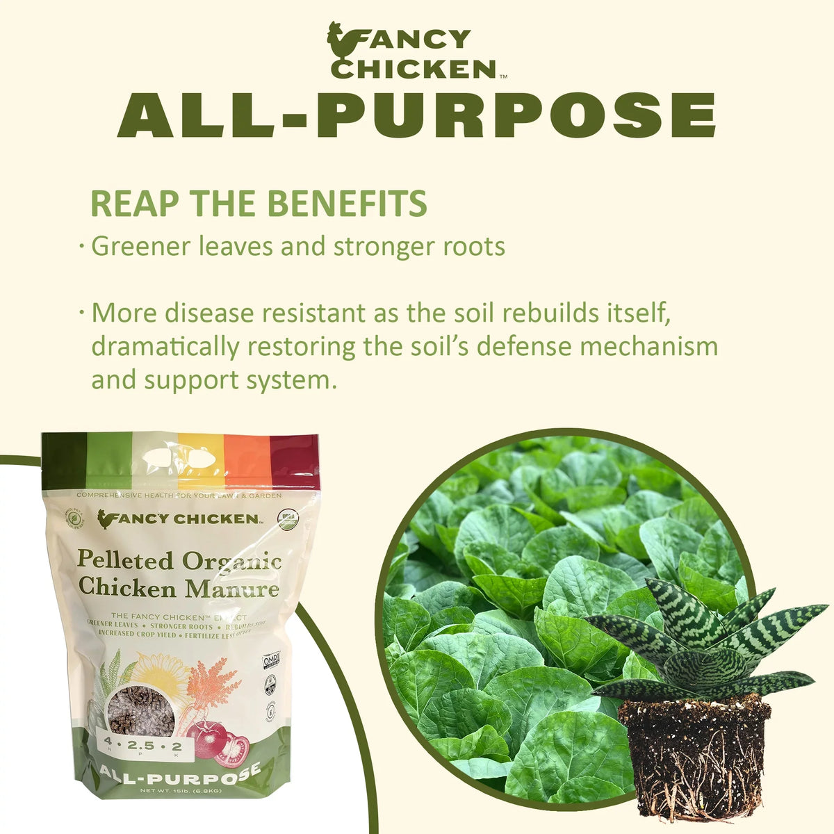 Fancy Chicken 4-2.5-2 All-Purpose Pelleted Organic Chicken Manure Plant Food for Lawn and Garden, USDA Organic, 15 LB