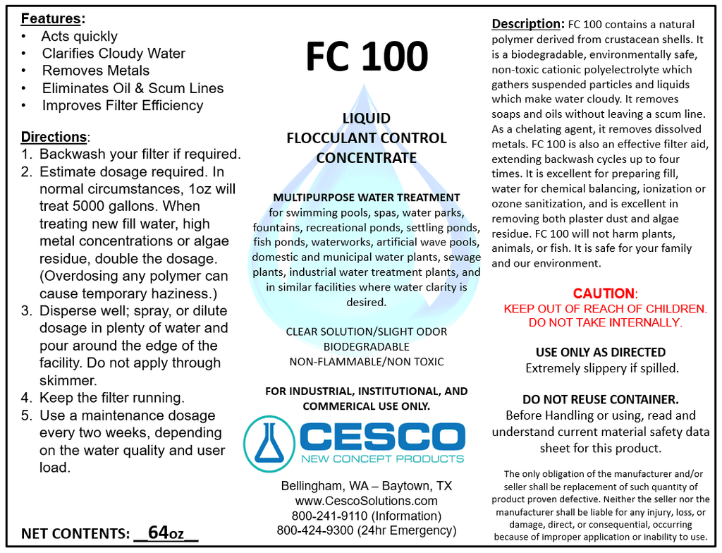 Cesco Solutions FC-100 Flocculant Clarifier - Concentrated aqua Cleaning Liquid for Swimming Pool, Pond, Spa - Non-Toxic Pool Chemicals - Eco-Friendly, Safe Pool Supplies  - 64 Oz