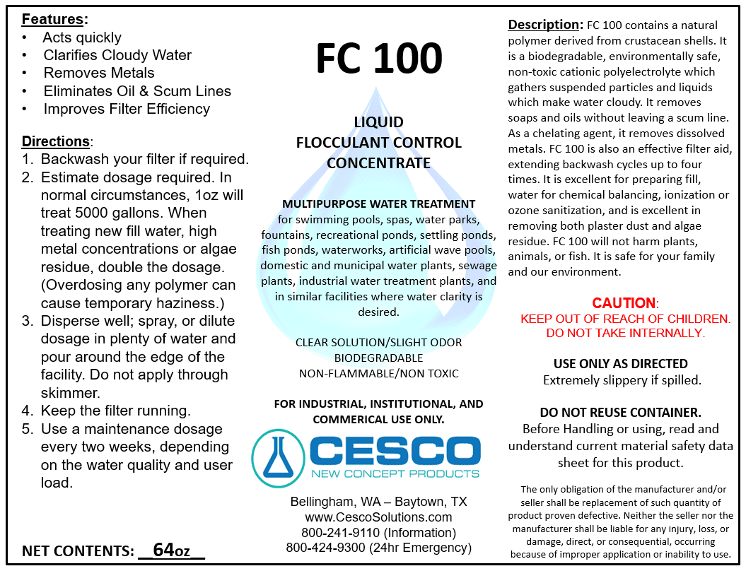 Cesco Solutions FC-100 Flocculant Clarifier - Concentrated aqua Cleaning Liquid for Swimming Pool, Pond, Spa - Non-Toxic Pool Chemicals - Eco-Friendly, Safe Pool Supplies  - 64 Oz
