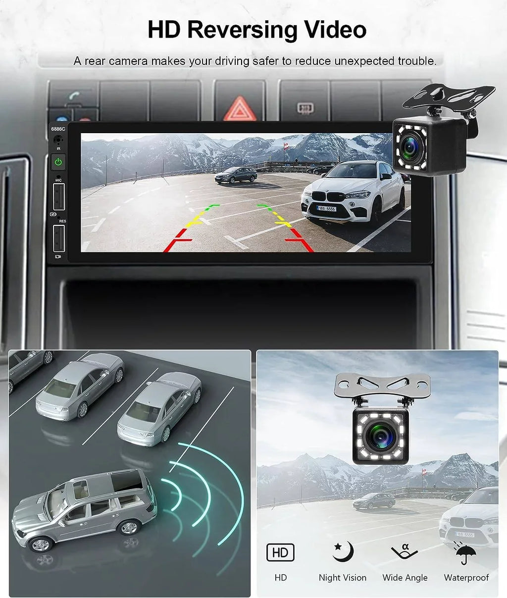Podofo Single 1 Din 6.86'' HD Touchscreen Car Stereo Radio Wireless Carplay Android Auto Mirror Link Car MP5 Multimedia Player Bluetooth FM Receiver Audio USB,with Mic&Backup Camera