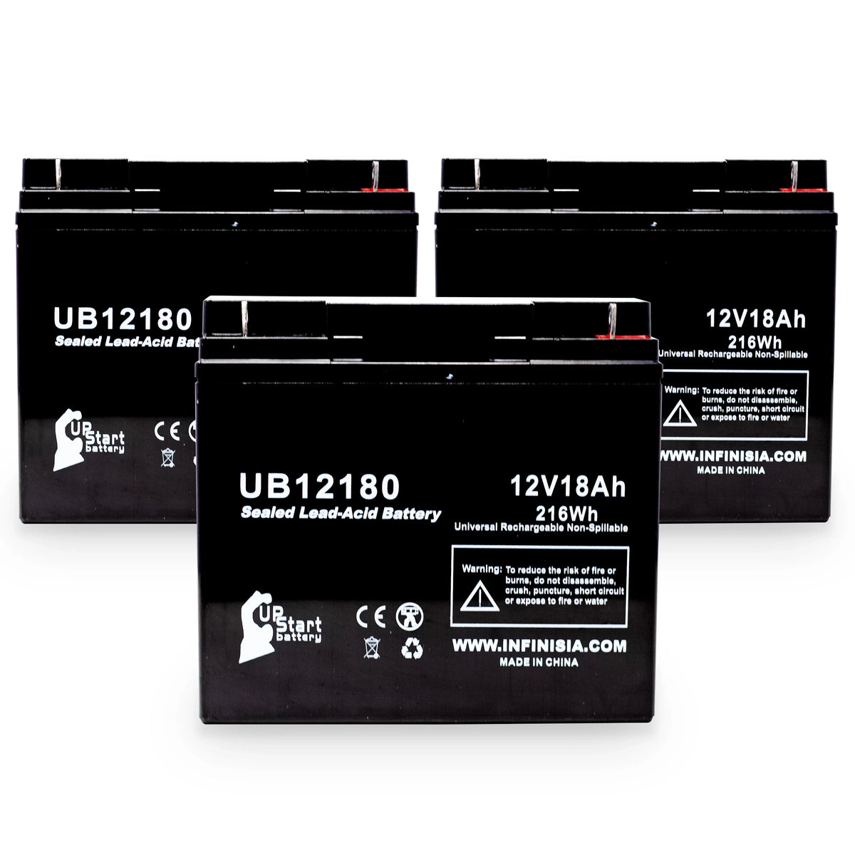 3x Pack - matching DATASCOPE 14600003401 Battery - Replacement UB12180 Universal Sealed Lead Acid Battery (12V, 18Ah, 18000mAh, T4 Terminal, AGM, SLA)