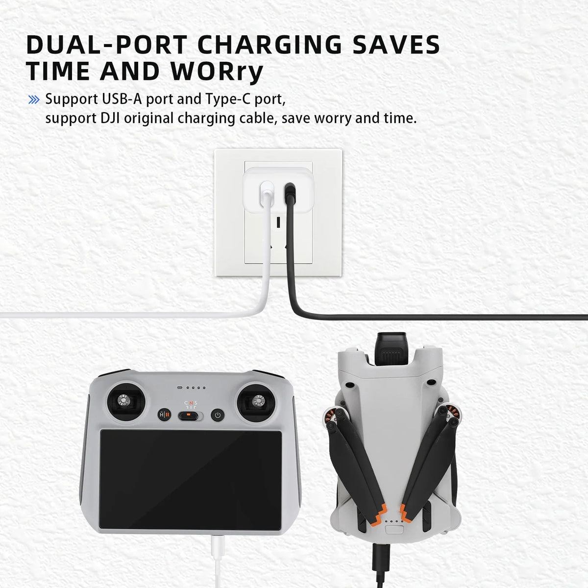 30W USB Charger with Type-C Cable Dual-Port Charging for DJI Mini 2/Mini 3 Pro Charging Parts