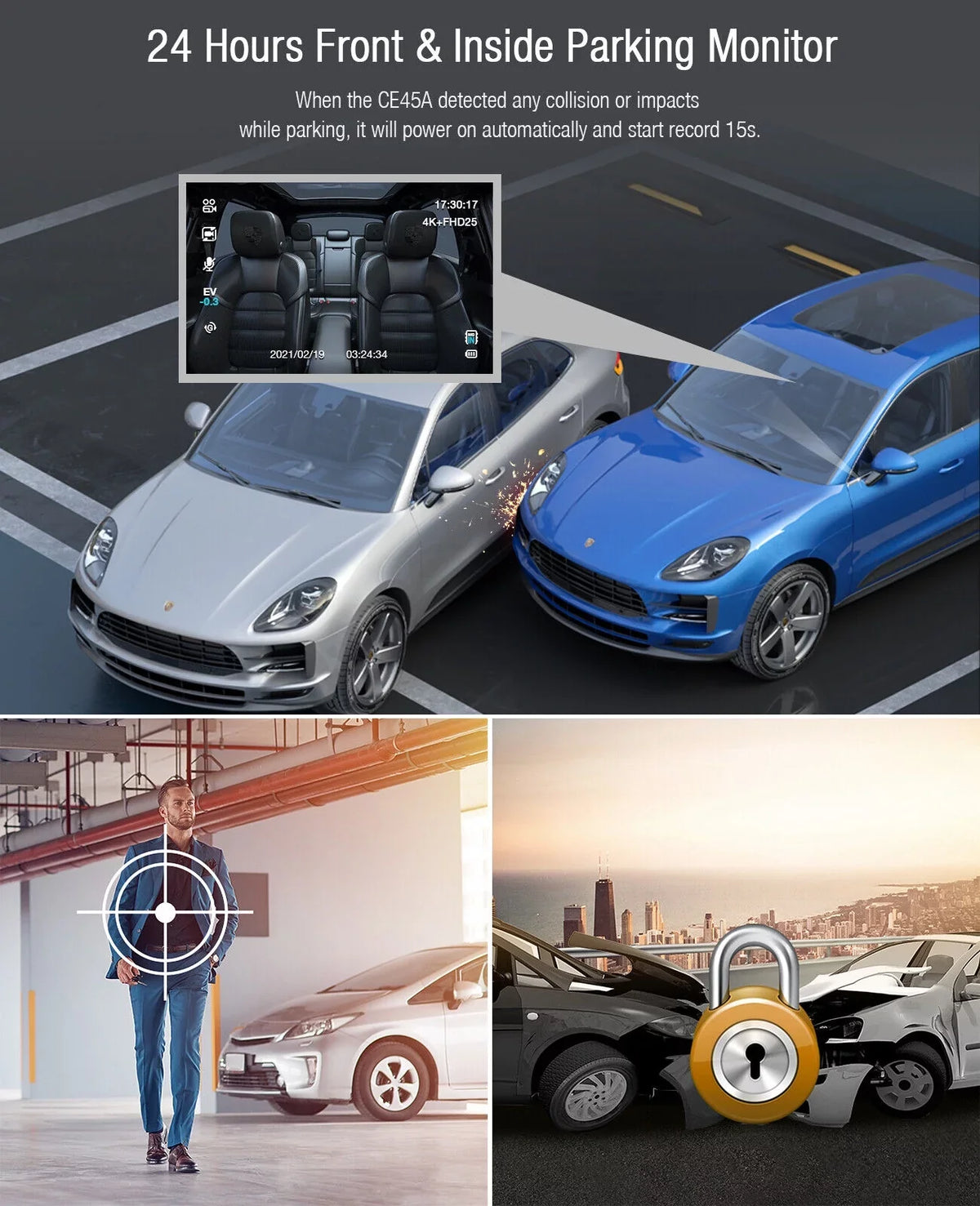 4K Dash Camera  TOGUARD 4K+1080P Dash Cam Front and Inside 3" LCD Screen Car Camera Loop Recording Parking Mode G-Sensor