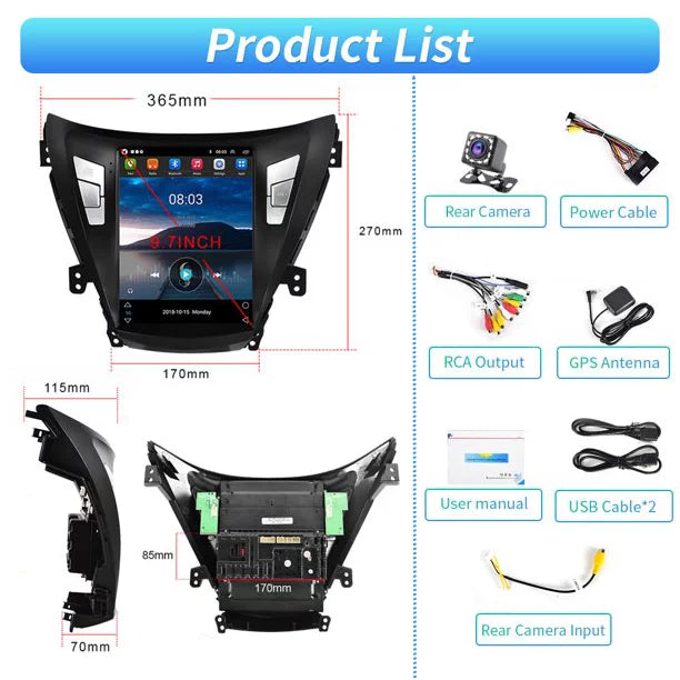 Podofo 2G+64G for Hyundai Elantra 2011 2012 2013 Android 9.7'' Touchscreen Car Stereo Radio Bluetooth FM Mirror Link GPS WIFI USB, with Backup Camera