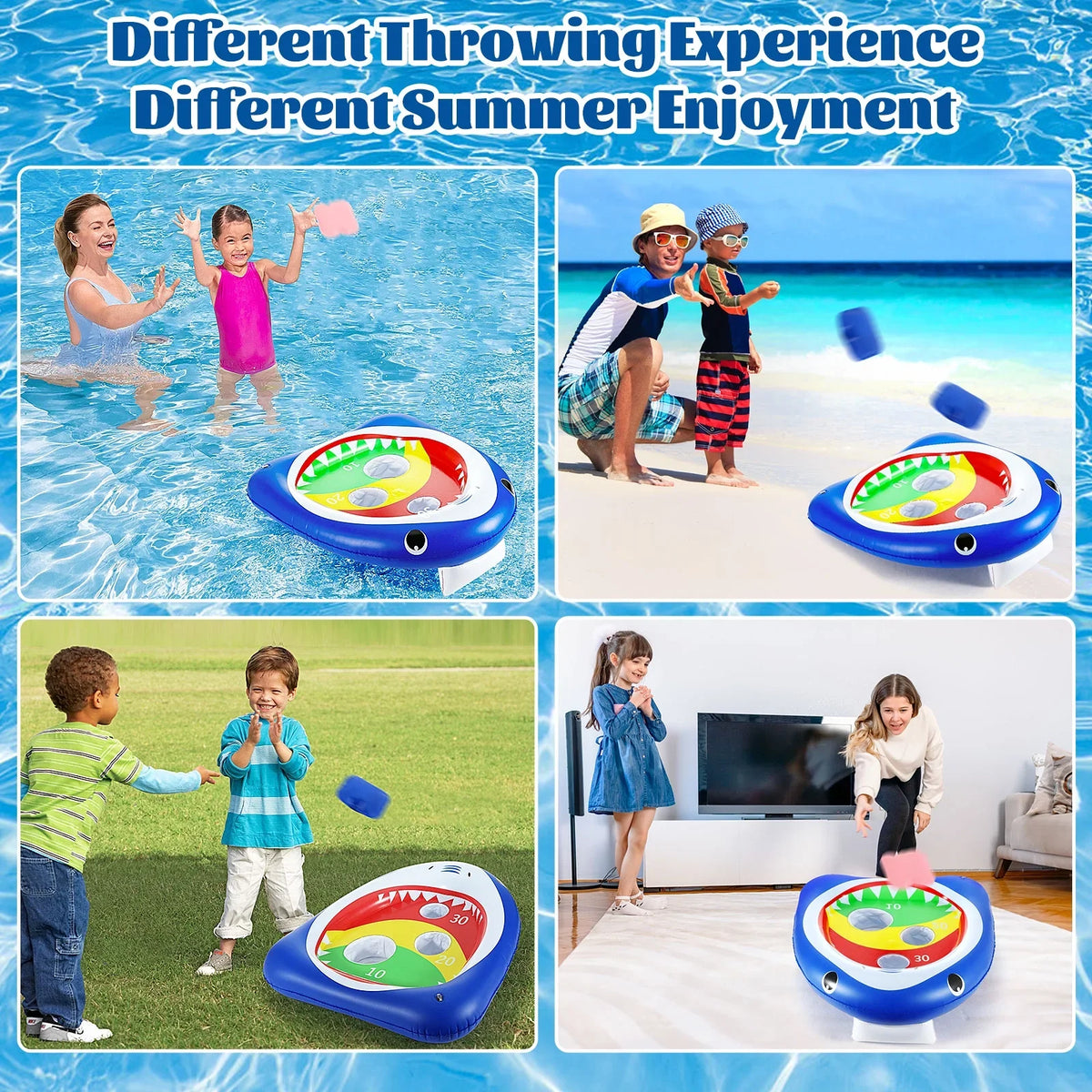 MoKo Pool Shark Ring Toss Games Toys with 8 Sandbag, Summer Inflatable Floating Toy for Kids Adults Family Party aqua Carnival, Blue