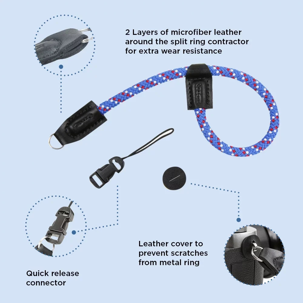 Foto&Tech Climbing Rope Camera Wrist Strap Quick Release Made in US suitable with  A6600 A6500 A6400 A6000 A6300 A6100 A5100 A5000,RX1 R,RX1 R II,RX10,RX10 II,RX10 III,RX10 IV (34cm,Red/Blue/WT)