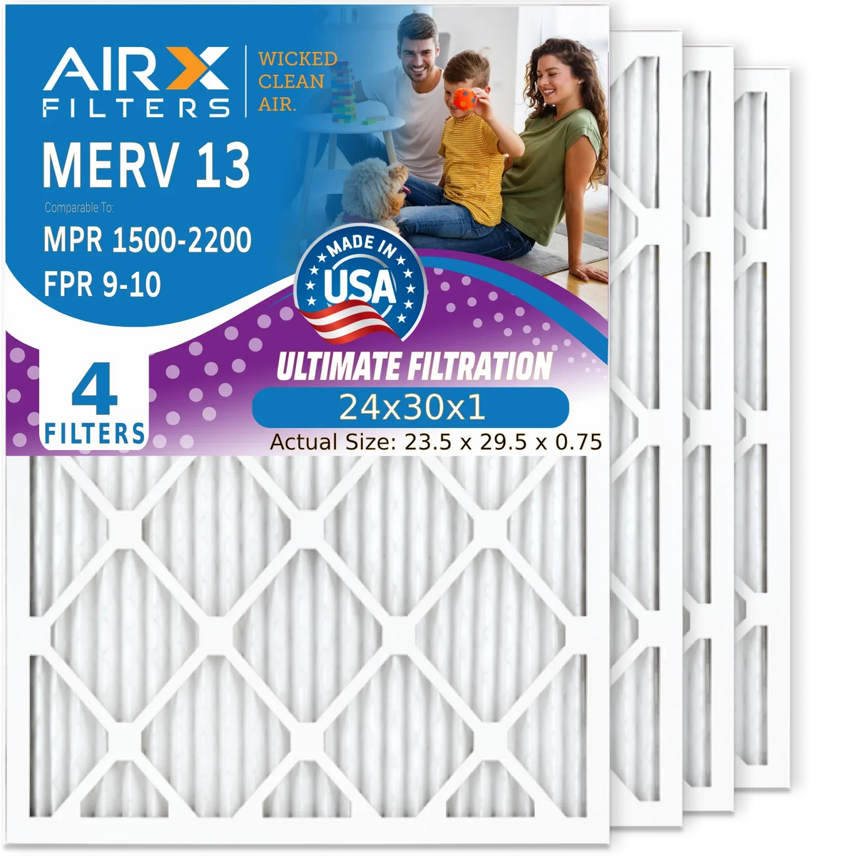 24x30x1 Air Filter MERV 13 Comparable to MPR 1500 - 2200 & FPR 9 Electrostatic Pleated Air Conditioner Filter 4 Pack HVAC AC Premium USA Made 24x30x1 Furnace Filters by AIRX FILTERS WICKED CLEAN AIR.