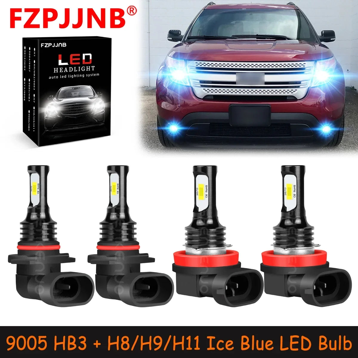 FZPJJNB 9005+H8/H9/H11 for  Explorer 2011-2015 Ice Blue Led Headlights Bulb Fog Light,HKL,C07