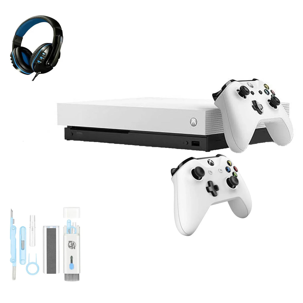 Pre-Owned  Xbox One X 1TB with 2 Controller, 4K Ultra HD White with BOLT AXTION Cleaning Kit Headset Bundle (Refurbished: Like New)