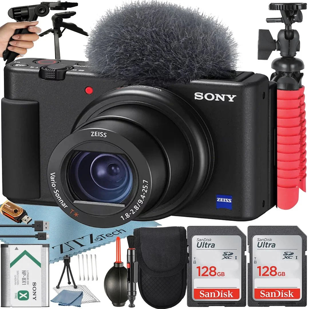 ZV-1F Vlogging Camera (Black) with 2 Pack SanDisk 128GB Memory Card + Tripod + Case + ZeeTech Accessory Bundle