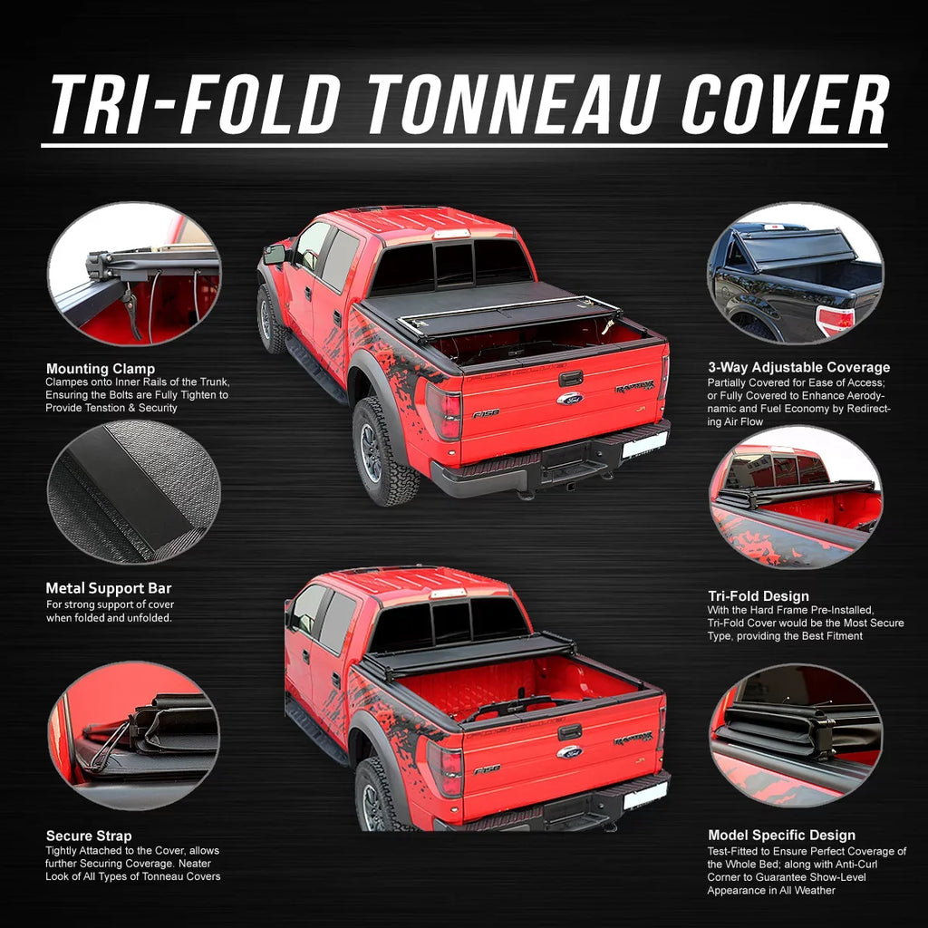DNA Motoring TTC-TRISOFT-018 For 2009 to 2021 Ram Truck 1500 5.7' Bed Fleetside Tri -Fold Adjustable Soft Top Trunk Tonneau shield