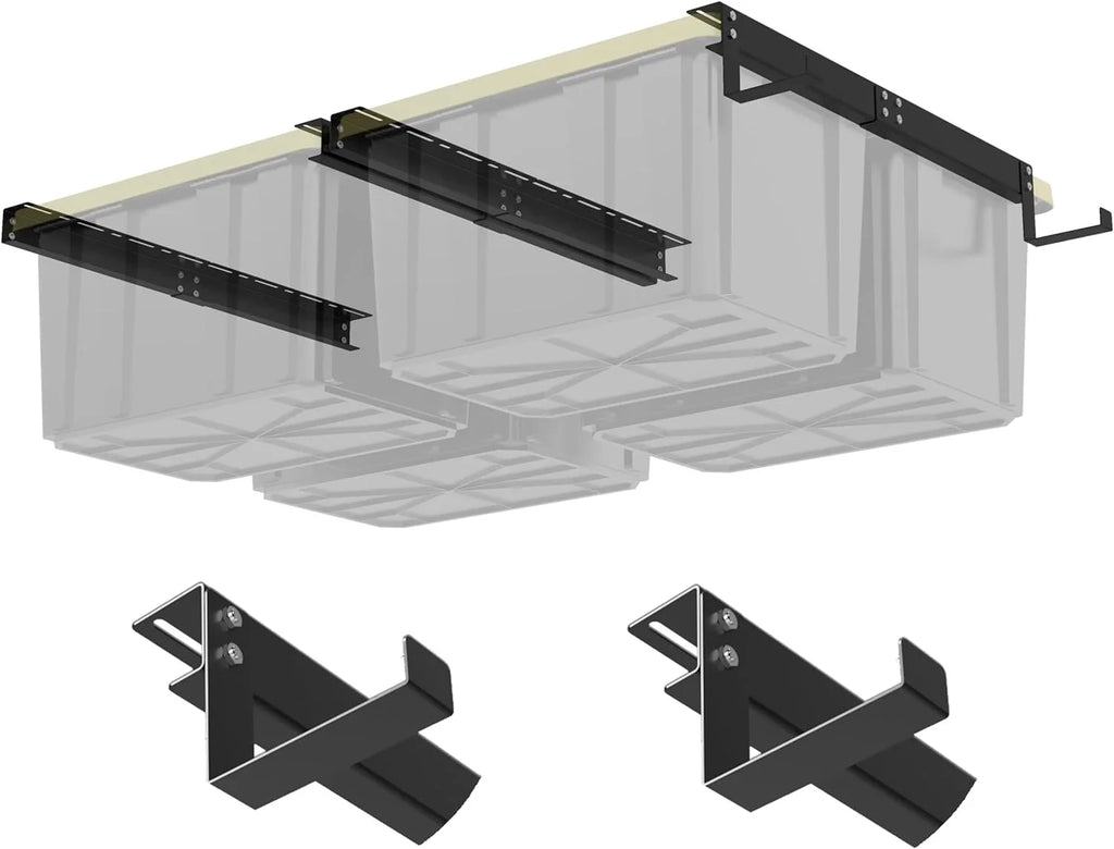 LIHONG Overhead Garage Storage Rack, Bin Organization System, Ceiling Racks, Adjustable Tote Storage Rails, Supports Most Storage Bins, 4 Sets, 2 Hooks