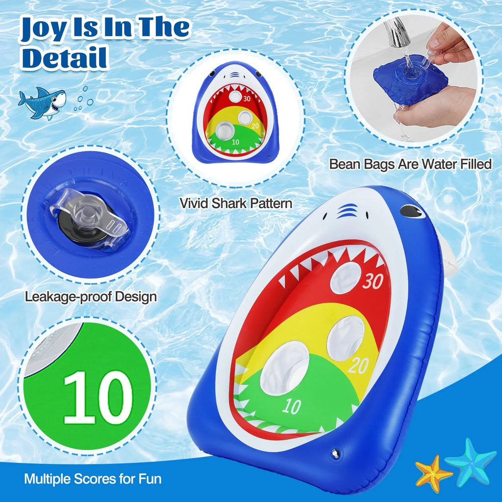 MoKo Pool Shark Ring Toss Games Toys with 8 Sandbag, Summer Inflatable Floating Toy for Kids Adults Family Party aqua Carnival, Blue