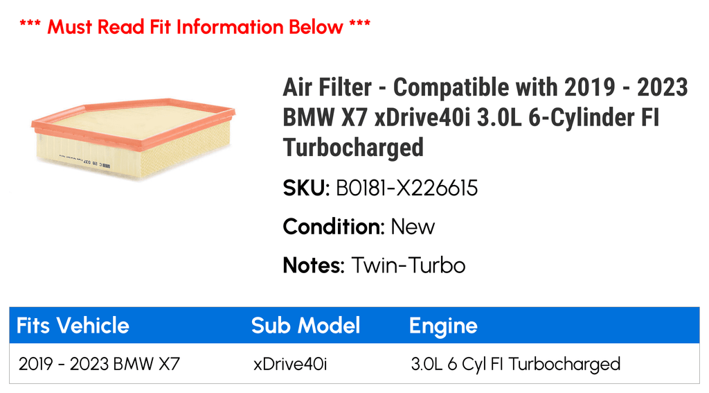 Air Filter - appropriate with 2019 - 2023  X7 xDrive40i 3.0L 6-Cylinder FI Turbocharged 2020 2021 2022
