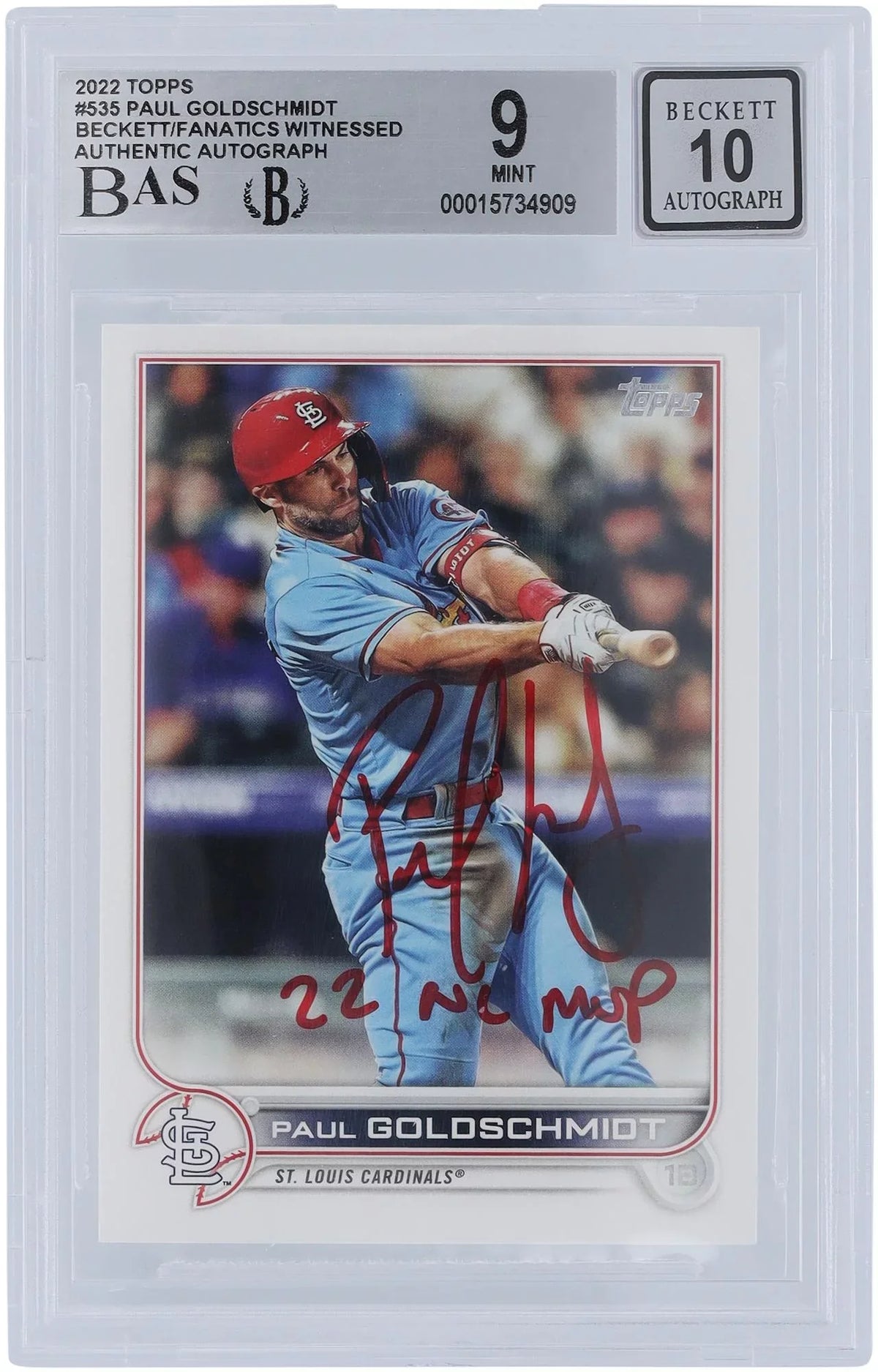 Louis Cardinals Autographed 2022 Topps Series 2 #535 Beckett Fanatics Witnessed Authenticated 9/10 Card with "22 NL MVP" Inscription - Fanatics Authentic Certified. Paul Goldschmidt St