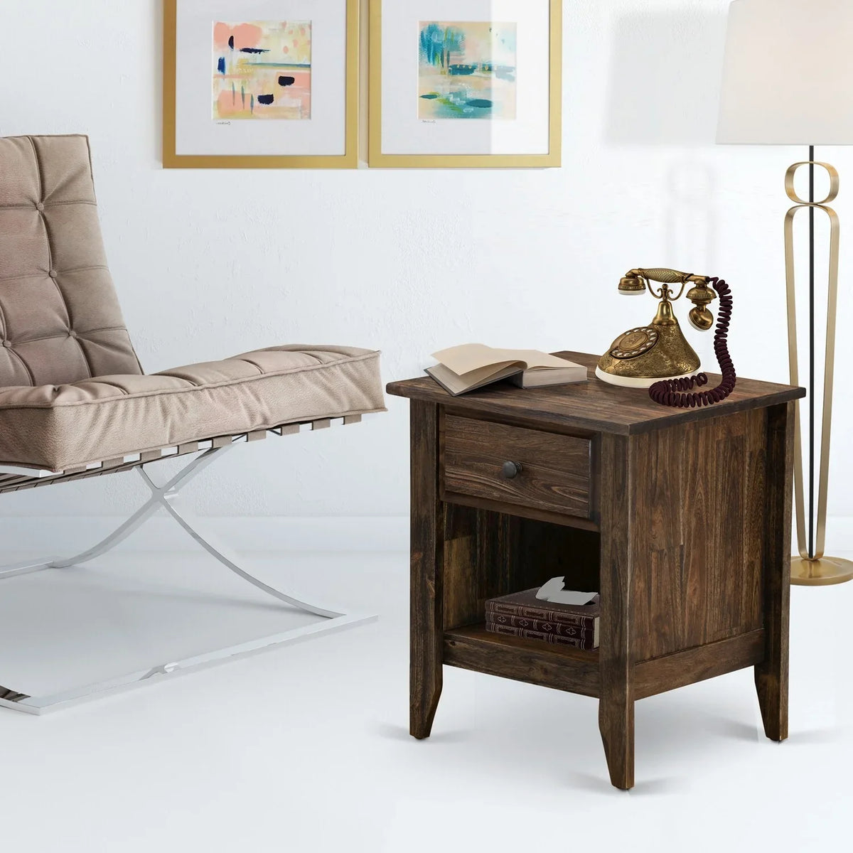 East West Furniture Gallatin 18" Wood Nightstand with 1 Drawer in Jacobean Brown