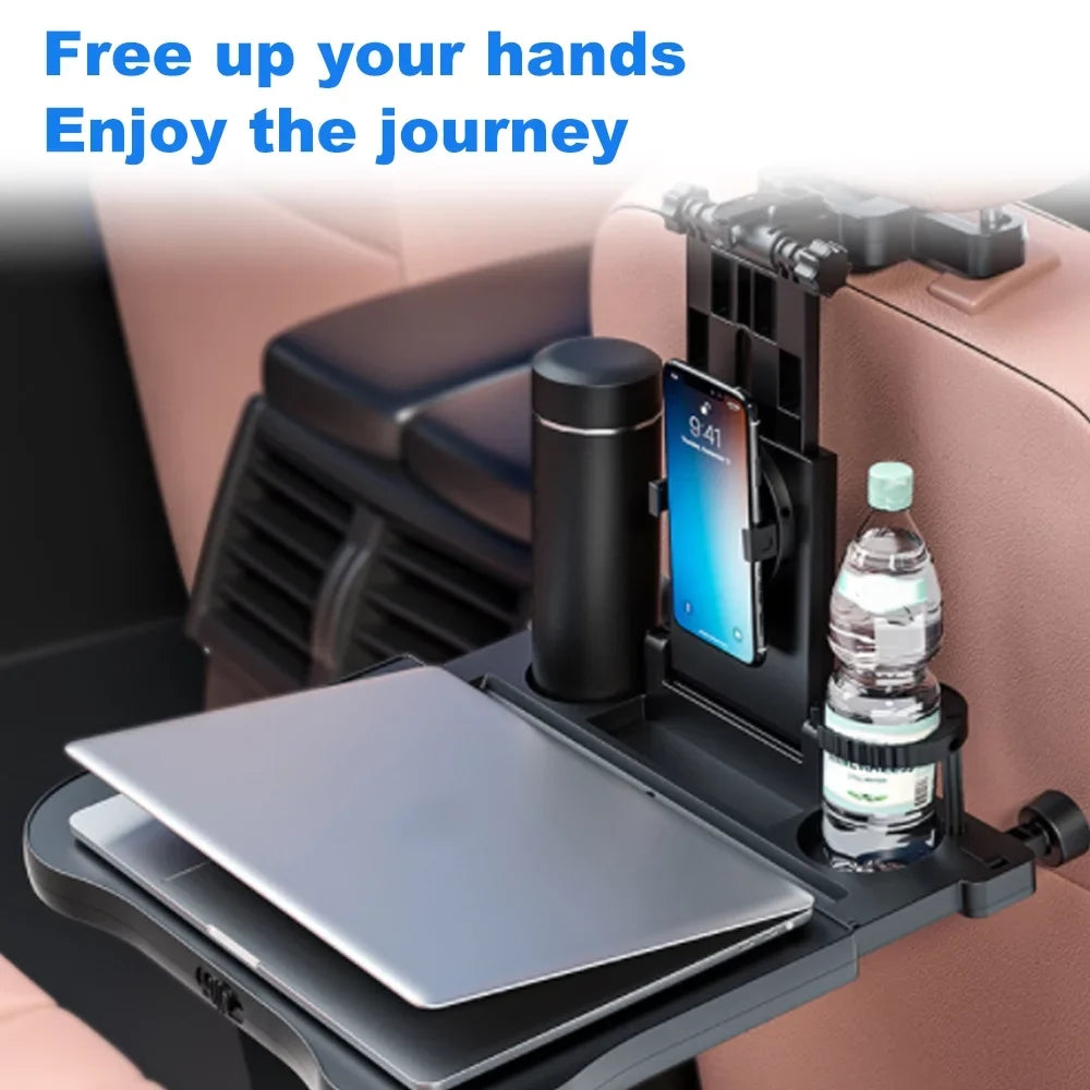 Multifunctional Car Back Seat Table: Adjustable Travel Tray with Phone Holder - Foldable, Ideal for Working, Writing, Eating - Convenient Black Design