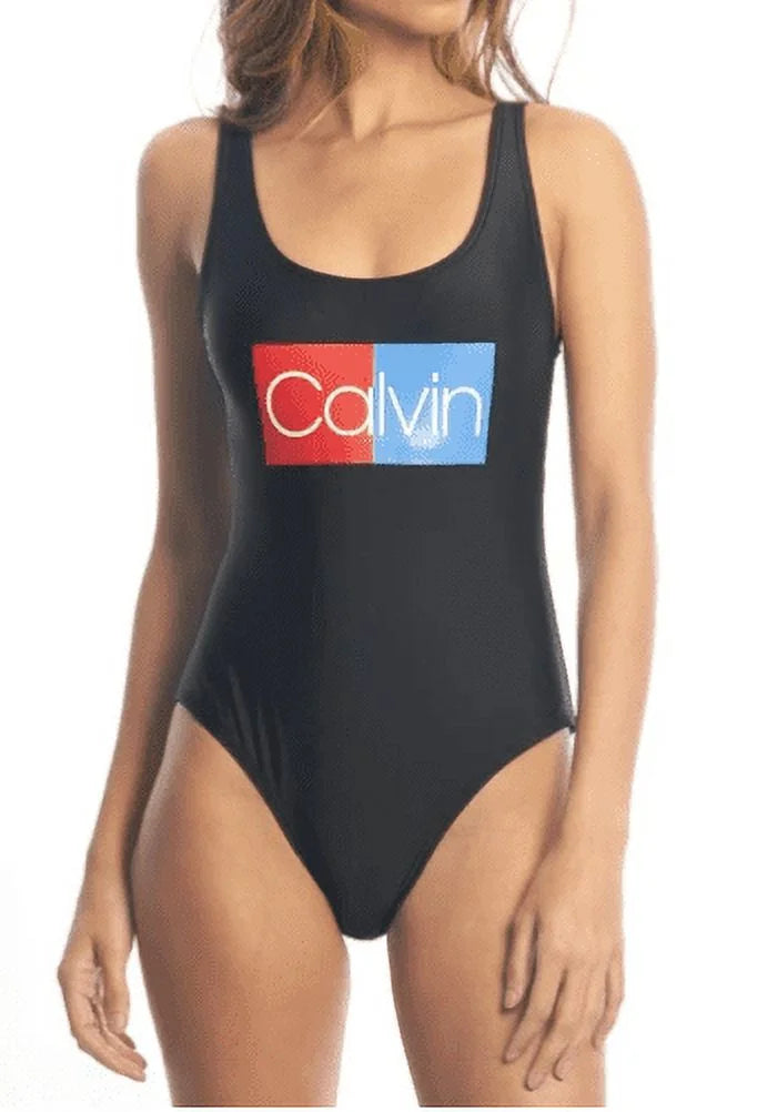 Calvin Klein BLACK Logo Deep U-Back One-Piece Swimsuit, US Large