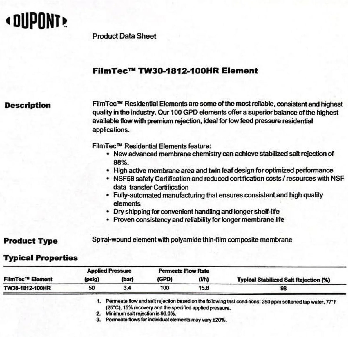 TW30-1812-100HR 100 GPD TFC High Rejection Membrane For Undersink Reverse Osmosis (RO) System
