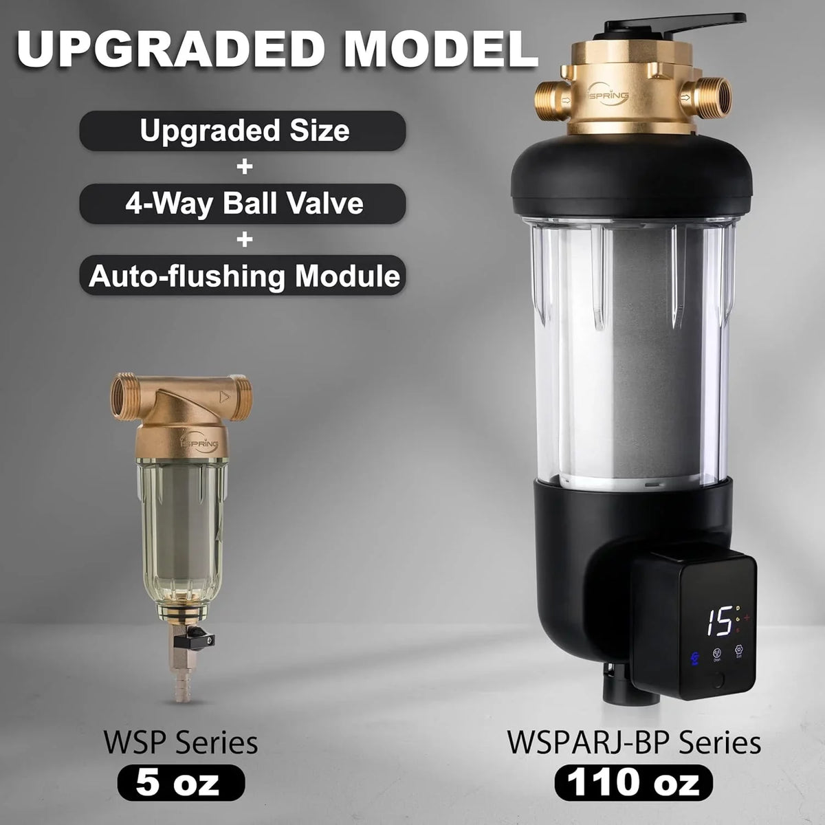 iSpring WSP100ARJ-BP Whole House Prefilter, Spin-Down Sediment moisture Filter with Bypass, Upgraded Clear Housing, Jumbo Size, Flushable and Reusable, Touch-Screen Auto Flushing, 4 Modes, 100 Microns