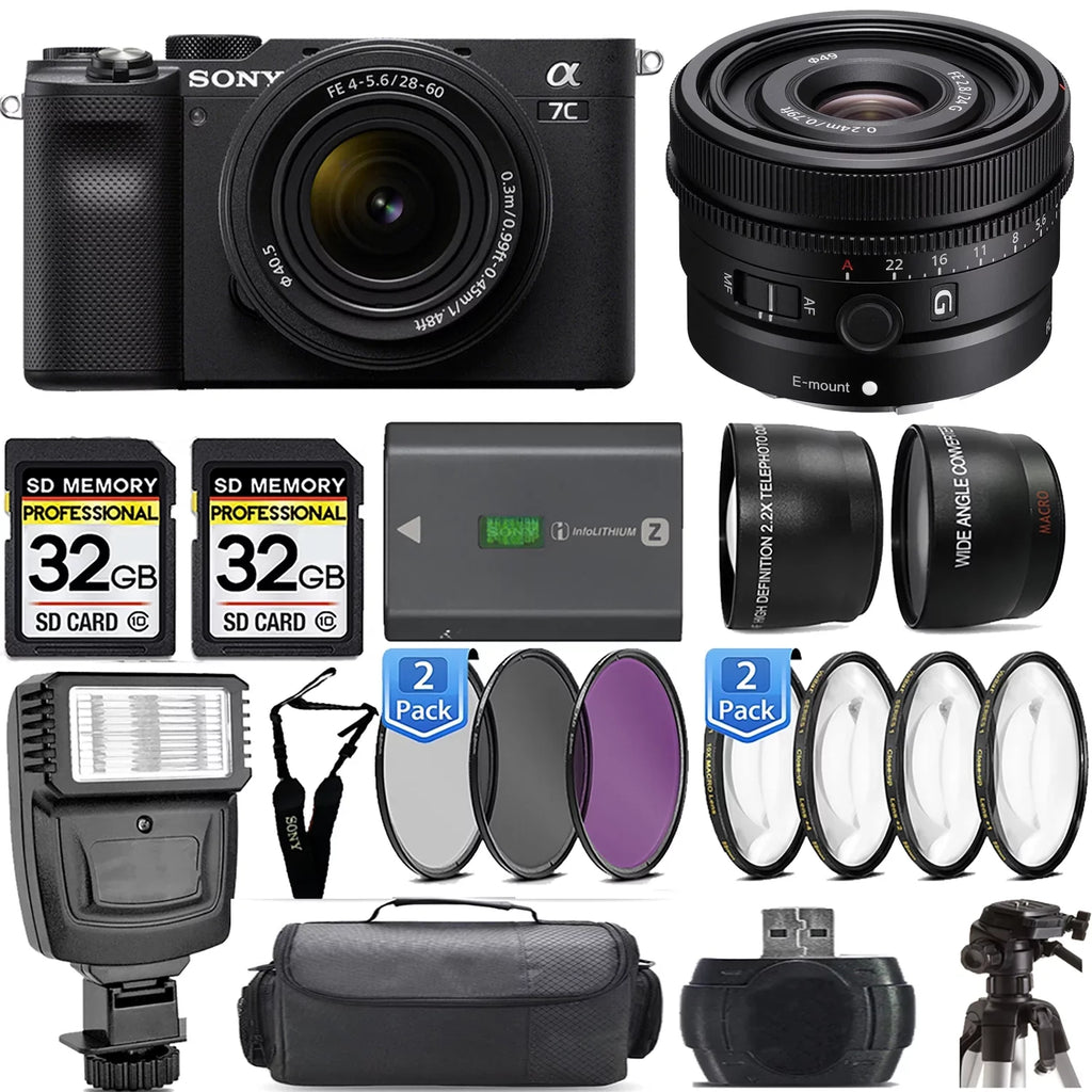 a7C Mirrorless Camera (Black) with 28-60mm Lens+24mm f/2.8 G Lens +Flash- Kit