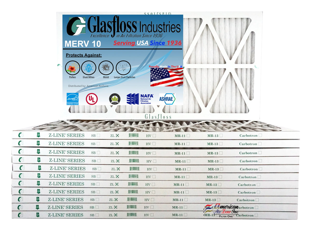 Glasfloss 20x36x1 - MERV 10 -Qty:12 - Furnace Air Filter - Made in USA (Actual Size: 19.5 x 36.5x7/8 inch)
