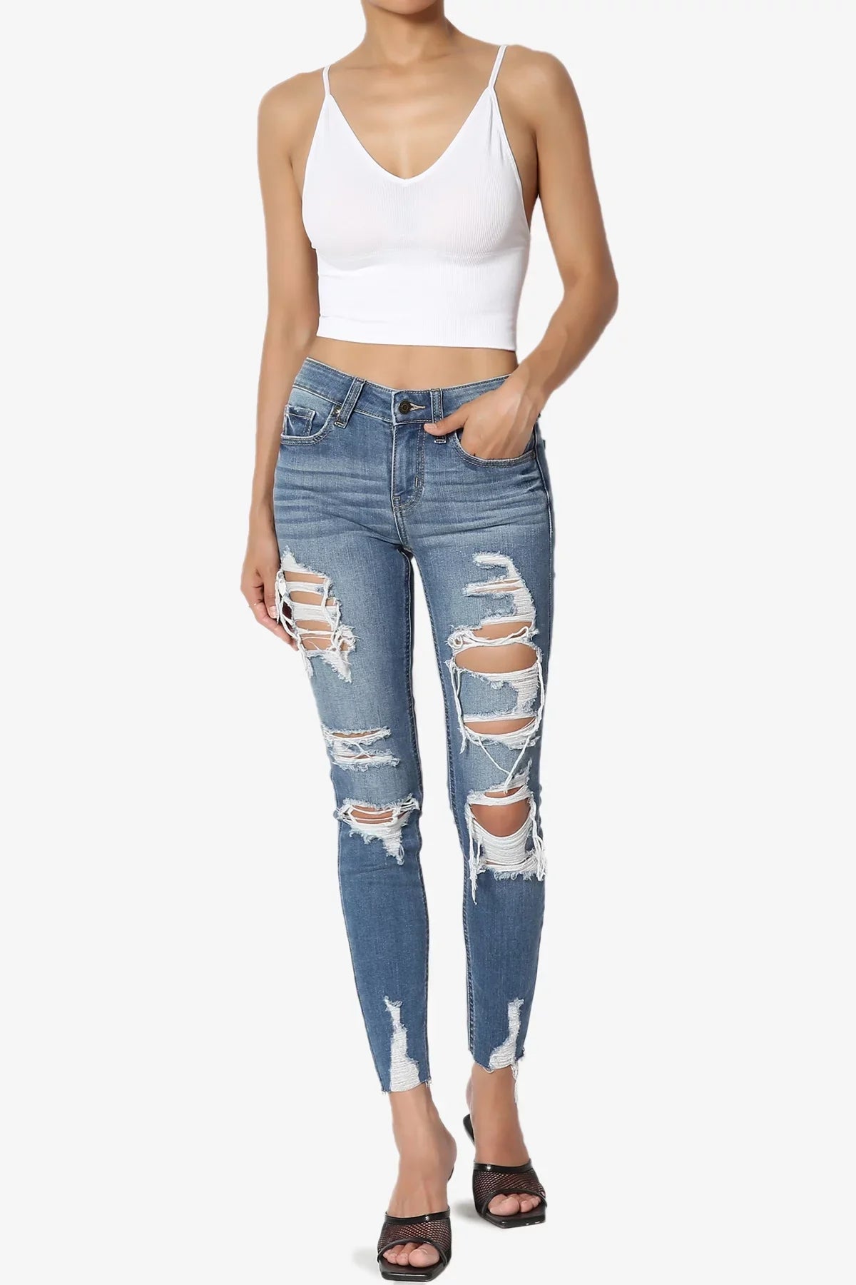 TheMogan Women's Distressed Ripped Mid Rise Stretch Perfect Skinny Jeans in Deep MD