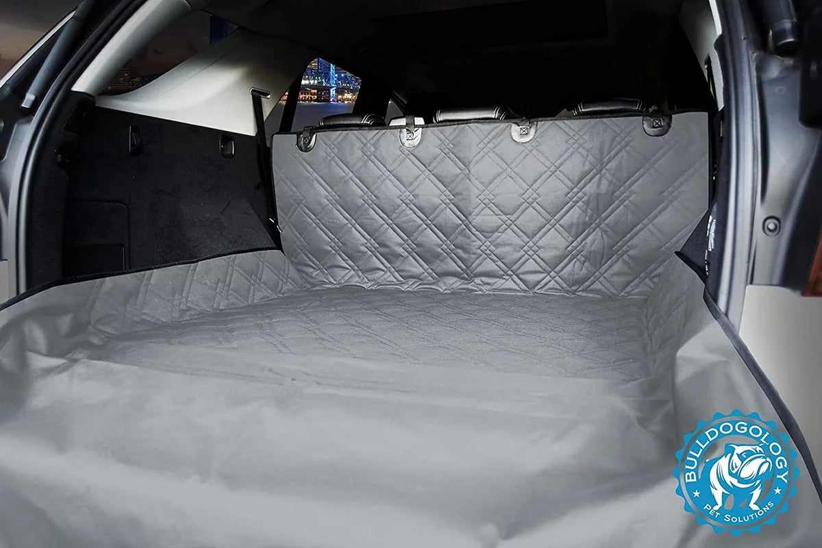 Bulldogology SUV Cargo Liner for Dogs - Heavy Duty Pet Trunk Cargo wrap - Dog Car Seat wrap Waterproof Nonslip - Dog Hair, Muddy Paws, Scratches wrap Protector for Cars Vans SUVs (X-Large, Grey)