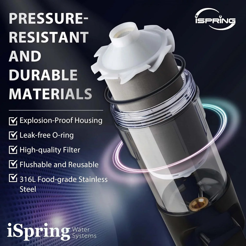 iSpring WSP100ARJ-BP Whole House Prefilter, Spin-Down Sediment moisture Filter with Bypass, Upgraded Clear Housing, Jumbo Size, Flushable and Reusable, Touch-Screen Auto Flushing, 4 Modes, 100 Microns