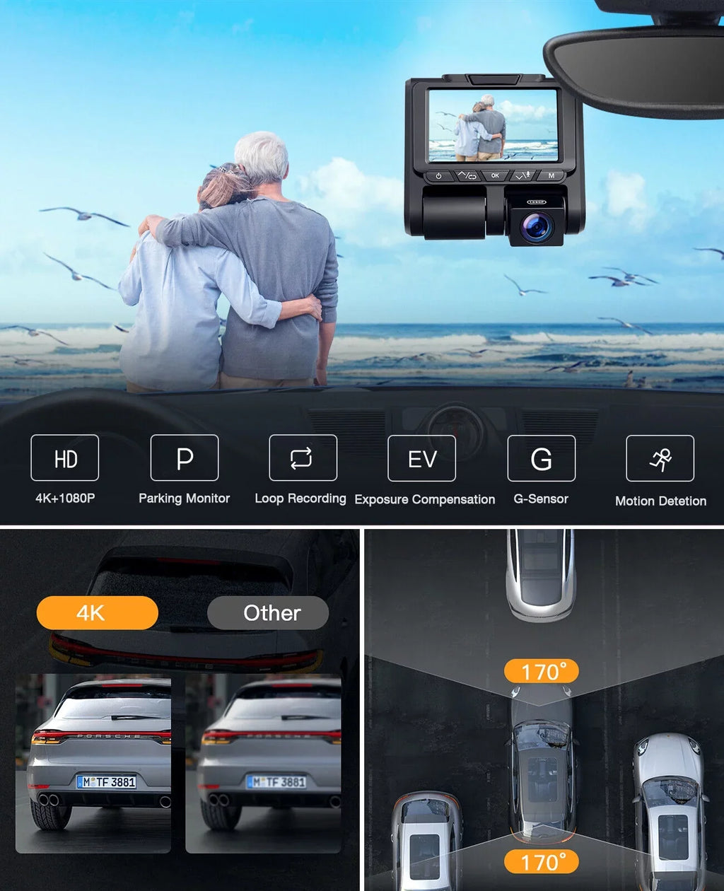 4K Dash Camera  TOGUARD 4K+1080P Dash Cam Front and Inside 3" LCD Screen Car Camera Loop Recording Parking Mode G-Sensor