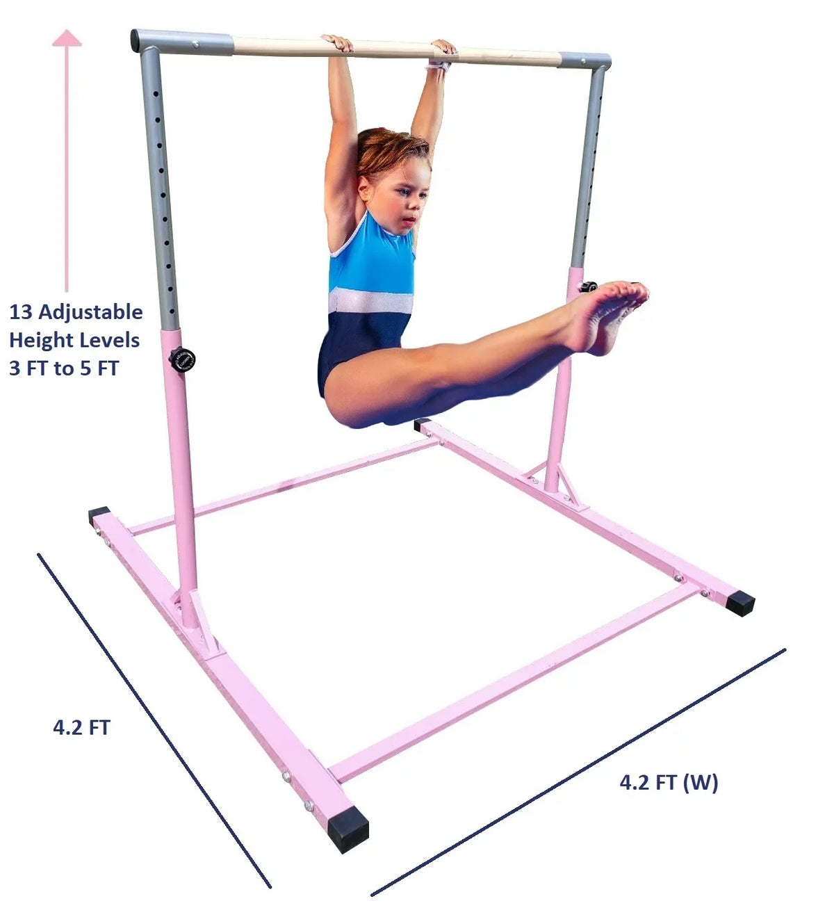 Pro-Gymnastics Expandable Gymnastics Kip Bar Horizontal Bar Junior Gymnastic Training High Bar Asymmetric Bar 13 Level Height Adjustable 3 to 5 FT Cushioned Bar & Curved Legs (Pink)