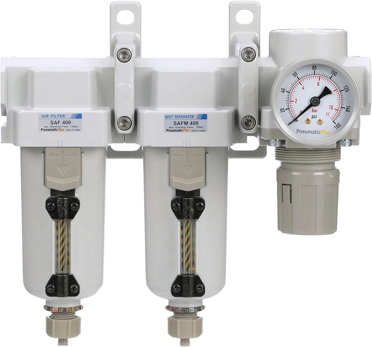 3 Stage Compressed Air Filter Dryer System - Particulate Air Filter, Coalescing Air Filter, Compressed Air Pressure Regulator Combo, 1/2" NPT - Metal Bowl, Manual Drain