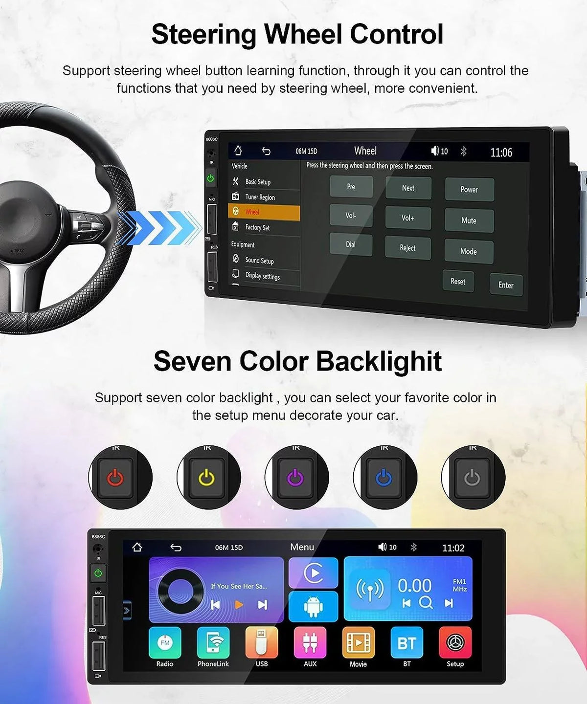 Podofo Single 1 Din 6.86'' HD Touchscreen Car Stereo Radio Wireless Carplay Android Auto Mirror Link Car MP5 Multimedia Player Bluetooth FM Receiver Audio USB,with Mic&Backup Camera