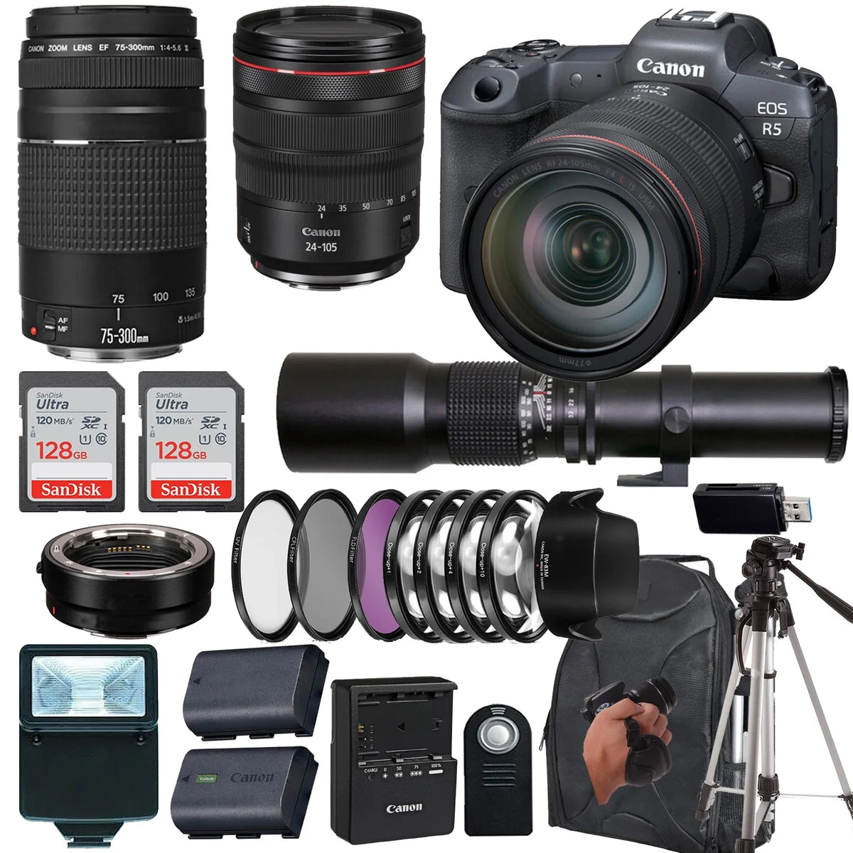 EOS R5 Mirrorless Camera with RF 24-105mm f/4 L IS USM Lens+  EF 75-300mm f/4L III Lens+500mm f/8 Preset Telephoto Lens+case+256Memory Cards (24PC)