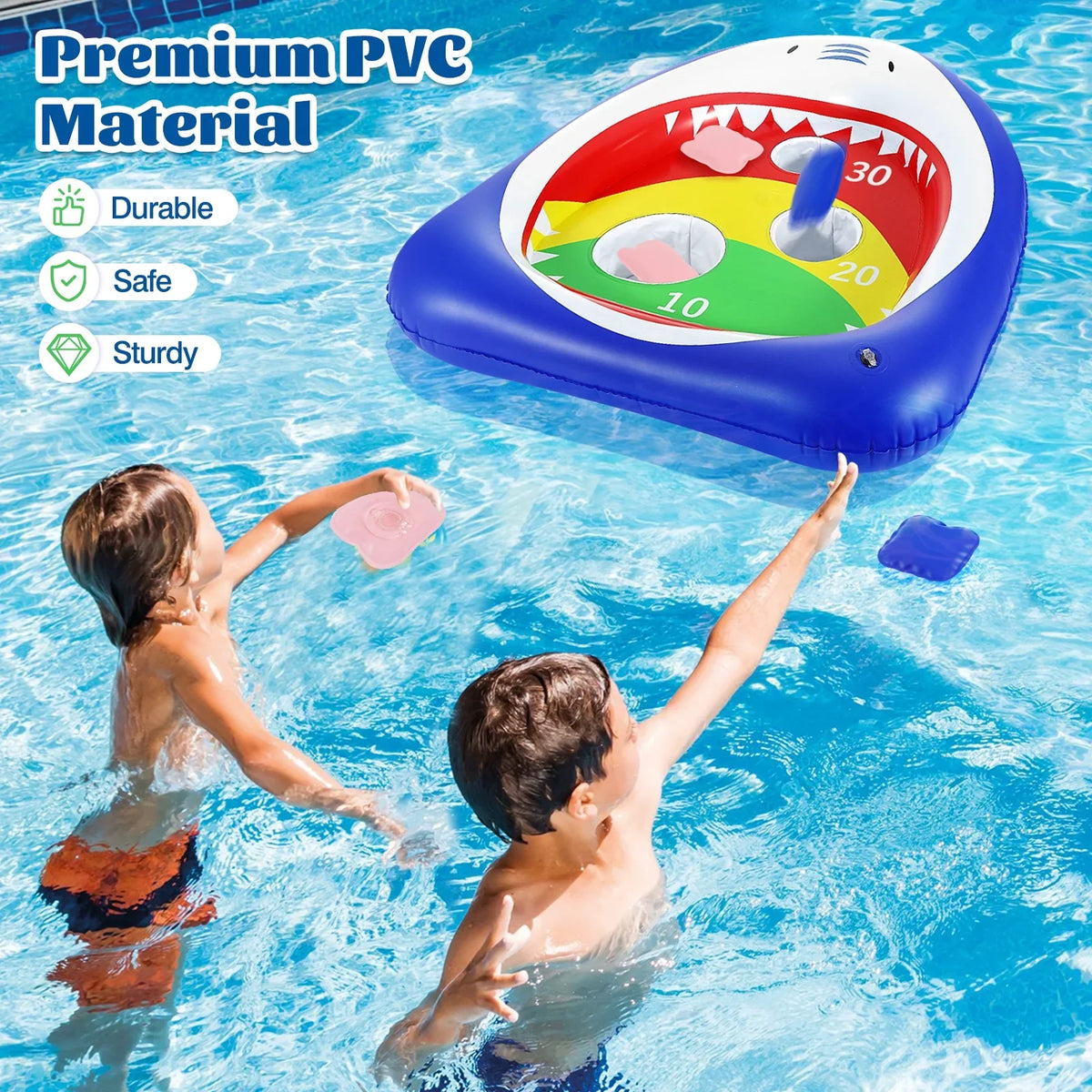 MoKo Pool Shark Ring Toss Games Toys with 8 Sandbag, Summer Inflatable Floating Toy for Kids Adults Family Party aqua Carnival, Blue
