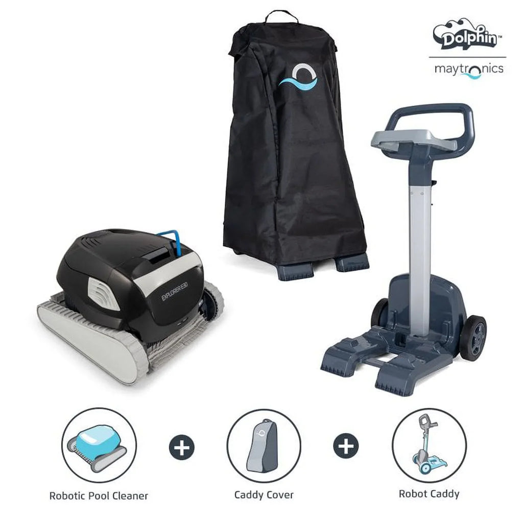 Dolphin Explorer E30 Automatic Robotic Pool Cleaner with Universal Caddy and Classic Caddy wrap, Ideal for In-Ground Swimming Pools up to 50 Feet
