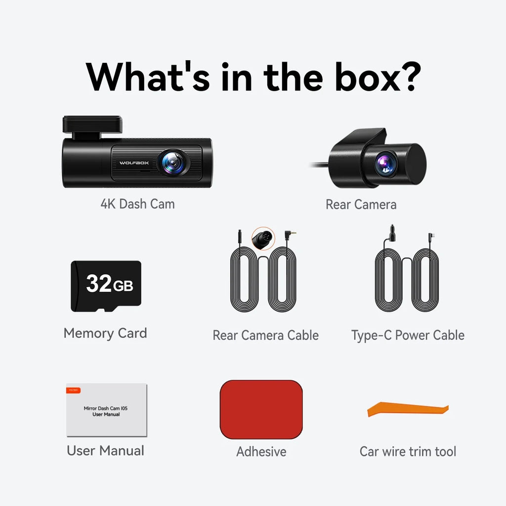 WOLFBOX Dash Cam Front and Rear, 4K UHD Front and 1080P Rear DashCam with GPS & WiFi, Car Dashcam with Night Vision, WDR, Free 32G Card, Loop Recording