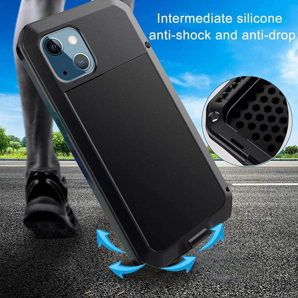 Gorilla Glass Aluminum Metal iPhone 15 Case (Black) Heavy Duty Military Grade Shockproof and Scratch impervious Protection, Rugged Outdoor Travel
