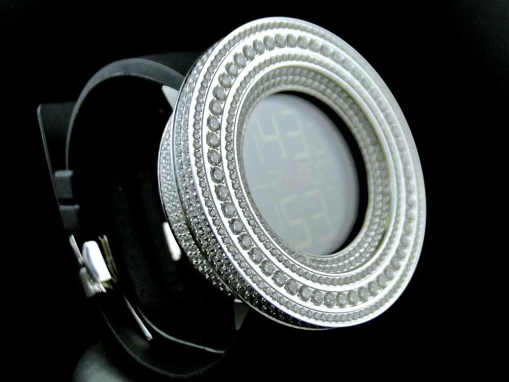 Mens Simulated Diamond Designer Watch In White Gold Finish (Exclusive Bezel)