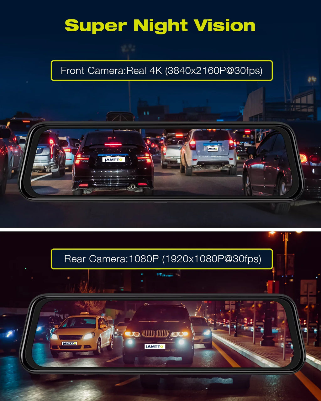 LAMTTO 4K Mirror Dash Cam for Car, 10" Full Touch Screen Voice Control Dash Camera, 1080P Waterproof Reverse Backup Camera, Parking Assist, Loop Recording, G-Sensor